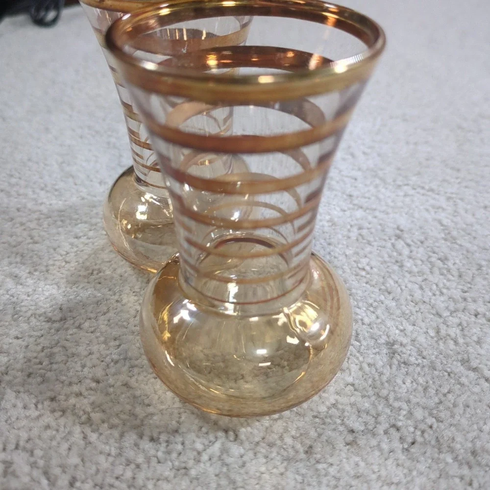 Vintage Amber Glass Bud Vases Gold Stripe MCM Set of 2‎ Mid Century